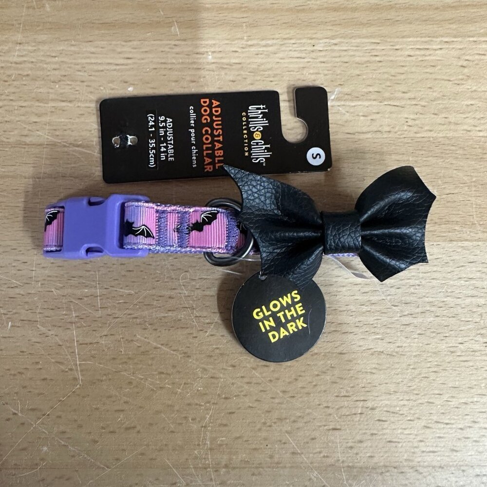 Thrills & Chills Glow In The Dark Bat Bow Purple Collar Halloween Dog Small